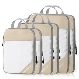 NICOSHOW Compression Packing Cubes 6 Set, Compressible Space-Saving Packing Cubes for Travel - Compression Bags, Luggage Organizer, Travel Essentials for Women, Beige