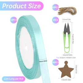 12 Rolls Coloured Polyester Satin Ribbon, Ribbons for Gift Wrapping with 50 Kraft Paper Gift Tags, Jute Twine and Scissors, Ribbons for Crafting, Double Sided Satin Ribbon for Balloons, Wedding
