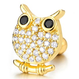 Gold Tone Moody Owl Stud Earrings with Cubic Zirconia Pave, Naturally Inspired Fashion, Women, Brass, Cubic Zirconia