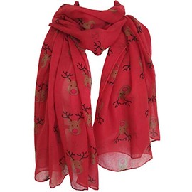GlamLondon Red Nose Reindeer Christmas Print Scarf Womens Rudolph Scarves Festive Winter Gift (Red)