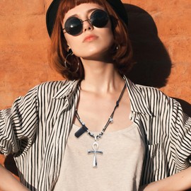 Rofusn Hhippie Leather Necklace Ankh Pendant: Stainless Steel Beads Boho Braided RopeLeather Cord Necklace for Men Women