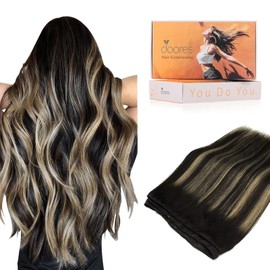 DOORES Sew in Hair Extensions Real Human Hair, Balayage Natural Black to Light Blonde 16 Inch 100g, Weft Extensions for Women, Natural Straight