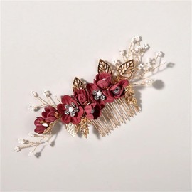 DANRENPANG Bride Wedding Hair Comb Pearl Flower Hair Piece Rhinestone Bridal Hair Accessories for Women (burgundy)