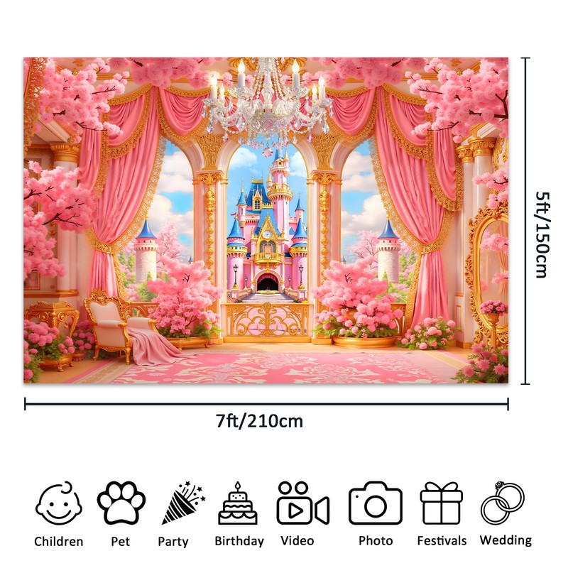 Pink Princess Castle Garden Floral Flower Cherry Fairy Photography Backdrop