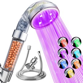 Nosame® Led Shower Head with Hose and Bracket, Filter Filtration High Pressure Water Saving 7 Colors Automatically No Batteries Needed Spray Handheld Showerheads 1.6 GPM for Dry Skin & Hair