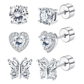 JeryWe 3Pairs 925 Sterling Silver Birthstone Earrings Flat Back for Women Girls Multicolor CZ Heart Butterfly Birthstone Hypoallergenic Stud Earrings for Birthday Gift Birthstone Jewellery(April)