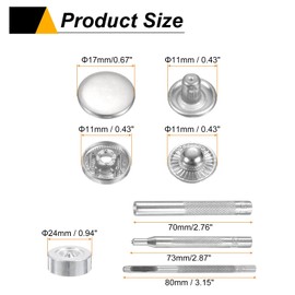 HARFINGTON 24Set Leather Snaps Fasteners Kit 17mm Dia Brass Press-Stud Cap Button 2.76" Length Metal Snap Buttons with 4 Install Tools for Coat Bag Leather Marine Boat Canvas, Silver