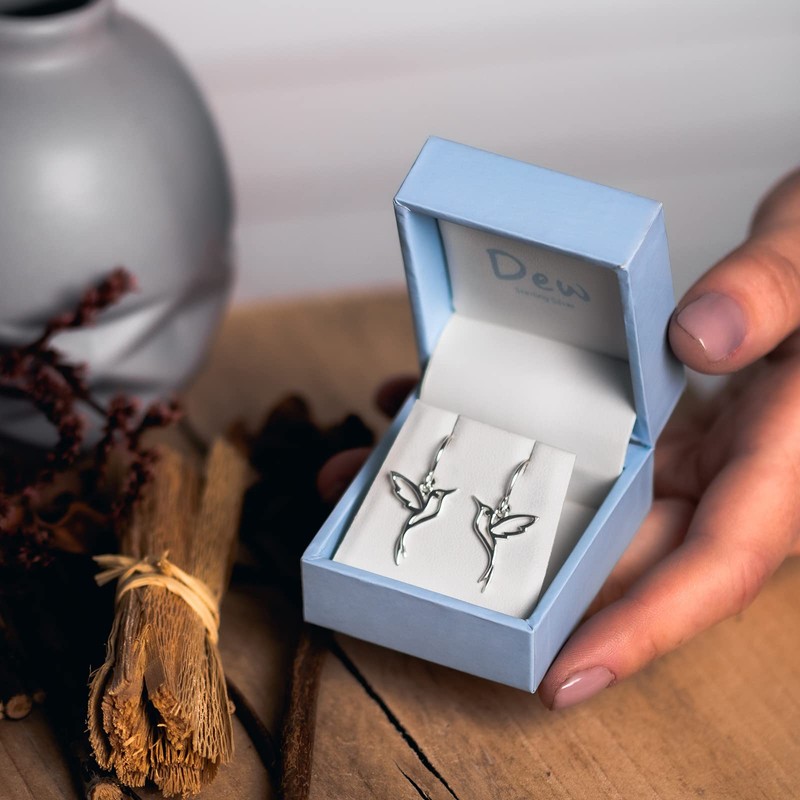 Dew Sterling Silver Hummingbird Drop Earrings