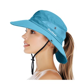 PFFY Sun Bucket Hats for Women Men UV Protection Wide Brim Fishing Hat Beach Outdoor Essentials Pure SkyBlue (Ponytail)