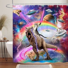 Uokiuki Funny Cat Shower Curtain Boys Kids Bathroom Decor, Cool Riding Dinosaur On Fantasy Galaxy Hilarious Curtain, Funky Outer Space Universe Anime Fabric with 12PCS Hooks, 60X70IN