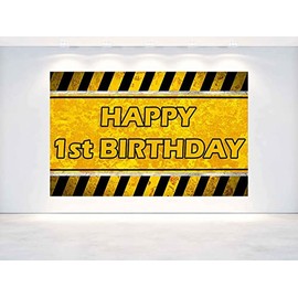 7 x 5 FT Yellow Happy 1st Birthday Backdrop, 1st Birthday Construction, Party Decoration. Builder Road Worker 1st Happy Birthday Background, Photo Banner.