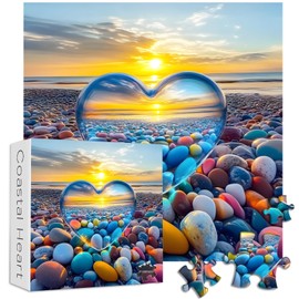 Crystal Heart Puzzles for Adults 1000 Pieces, PICKFORU Colorful Summer Beach Sunset Jigsaw Puzzles, Difficult Love Cobblestone Theme as Home Decor