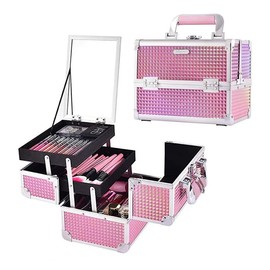 Joligrace Makeup Train Case Cosmetic Box 2 Trays Makeup Case Storage with Mirror Travel Makeup Box for Cosmetologist Aesthetic Supplies Nail Tech - Color: Pink