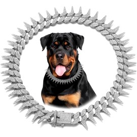 Pimaodog Dog Chain Collar, Side Spiked Style Necklace Bling Diamond Cuban Link Dog Collars Glitter Rhinestone Puppy Collar for for Small Medium Large Pet Dogs (Silver, 14 Inch)
