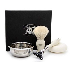 White Hair Badger Hair Set in Ivory Color. The Set Includes Shaving Brush,3 Different Razors Type to Choose(Blades NOT Included), Stainless Steal Bowl (Triple Edge Razor)
