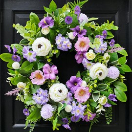 Spring Wreaths for Front Door Outside 24 Inch,Summer Wreath with Purple Morning Glory,Peony and Hydrangea,Spring Door Wreath for Indoor Outdoor Farmhouse Wall Proch Home Decor