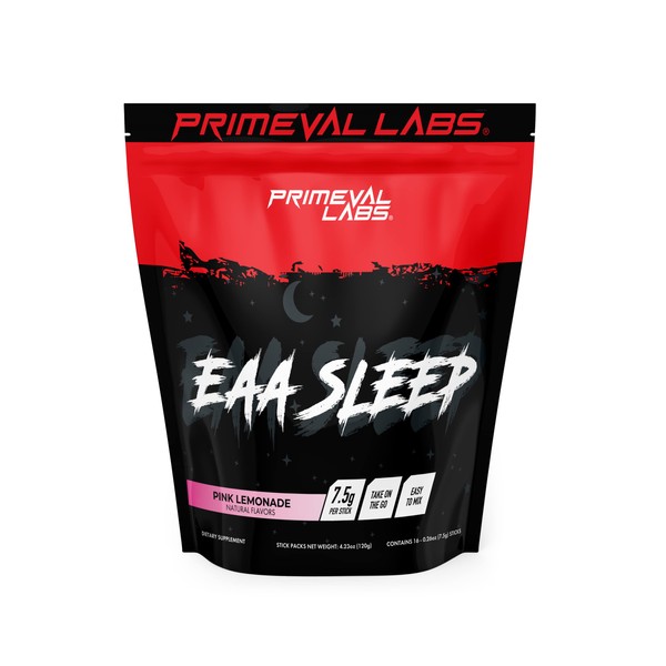 Primeval Labs EAA Max Sleep Stick Packs | Post Workout Muscle Recovery | BCAAs, EAAs, Electrolytes | Supports Hydration & Performance | Keto Friendly | 16 Servings (Pink Lemonade)
