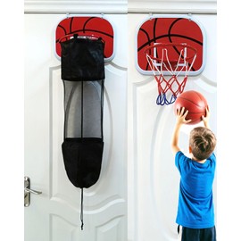 BANNAFY 2-in-1 Boys Room Decor Basketball Hamper Over the Door Laundry Basket with Hoop and Ball for Kids Room, Dorm, Bedroom, Bathroom Gifts for Boys - Red Plastic Stainless Steel