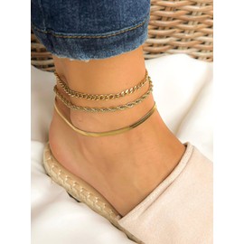Golden Ankle Bracelets for Women, 14k Gold Plated Waterproof Cuban Link Chain Anklets Set, Layered Anklet Bracelets for Women Beach Gift Adjustable Size 5pc (GOLDEN-B)