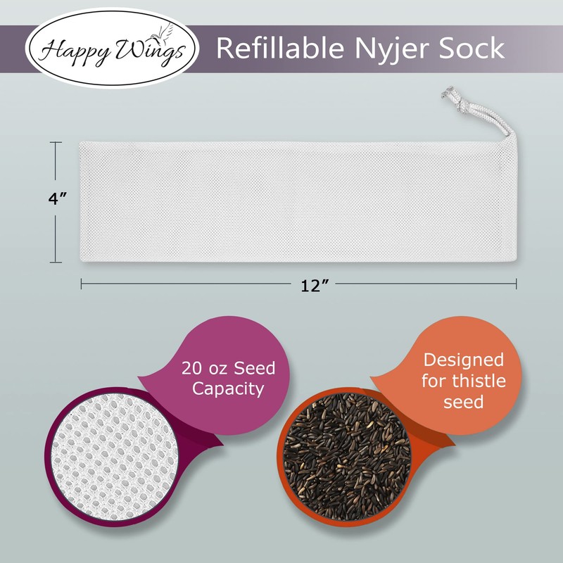 Happy Wings Refillable Nyjer Thistle Sock Feeder, 3 Socks- Easy-Fill,