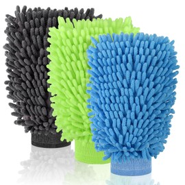 3 Pack Chenille Microfiber Car Wash Mitt, 7" x 9.6" Car Washing Mitts, Home Dusting Gloves, Scratch Free Lint-Free, Highly Absorbent, Double Sided, for Cleaning Detailing Polish (Blue,Green,Grey)