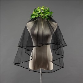 Wedity 2-Tier Bridal Veil Short Veil with Ribbon Edge Bridal Wedding Hair Accessories Covers Veil with Comb for Women and Girls (Black)