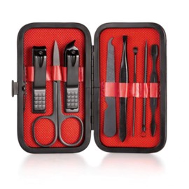 Nail clippers stainless steel manicure tools nail clippers tweezers acne needles with portable suitcase cover nail clippers makeup 8pcsblackred-08