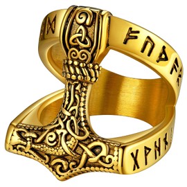 FaithHeart Men's Finger Ring, Thor's Hammer Ring with Rune, Retro Viking Mjölnir Ring with Celtic Knot, Viking Finger Ring for Men, Boys, Women