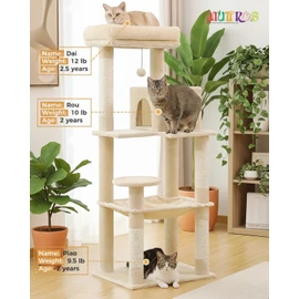 MUTTROS Cat Tree for Large Cats Adult with Metal Plush Big Hammock, 56.3" Cat Tower with 2 Door Condo House, 6-Tier Cat Shelves with Scratching Posts and Large Top Perch, Beige