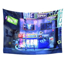CoolChange Neo Gaming City Tapestry, 200 x 145 cm, Wall Hanging with Gaming Motif, Neon City Tapestry, Includes Mounting Material, Blue