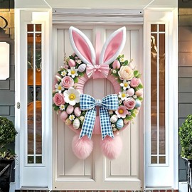 SM SunniMix Easter Bunny Wreath Door Cover Banner Easter Decoration Photo Background Backdrop for Porch, Holiday, Spring, Front Door