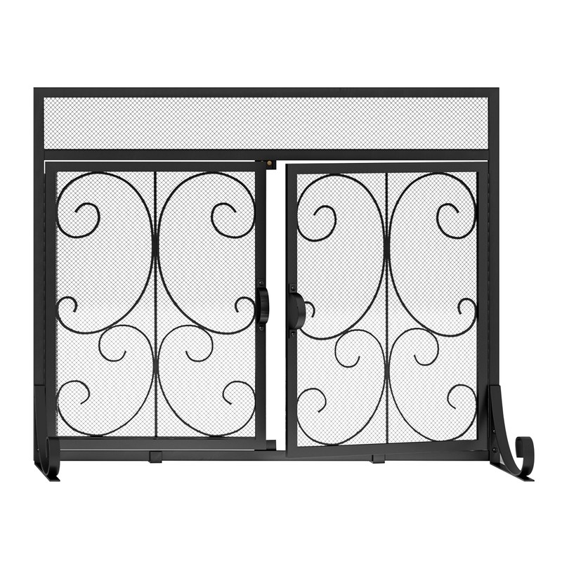Calidola Large Flat Fireplace Screen with Doors, Wrought Iron Frame
