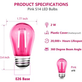GUILEDUO 15 Pack S14 LED String Light Bulbs, Shatterproof 2 Watt Pink Replacement Bulbs for Outdoor String Light, Waterproof Decorative E26 Base Pink Filament Edison Christmas Light Bulbs, 120V