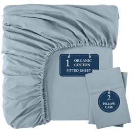 LANE LINEN Fitted Sheet King Size - 100% Organic Cotton, 3-Piece Set (1 Fitted Sheet,2 Pillowcases), Percale Weave, Ultra Soft, Breathable,Fits Mattress Upto 15" Deep -French Blue (No Flat Sheet)