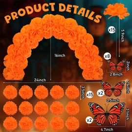 Yalikop 28 Pcs Day of The Dead Marigold Arch Kit Dia De Los Muertos Altar Decor Include Marigold Table Arch Garland with 15 Artificial Flower with Stem and 12 Pcs 3D Butterfly for Dia De Los Muertos