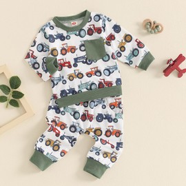 COORALLY 2Pcs Baby Boy Farm Outfits Long Sleeve Tractor Print Pocket Sweatshirt Pants Set Toddler Boy Tracksuit Clothes Set (Green+White, 0-6 Months)