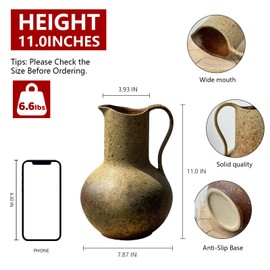 Brown Ceramic Pitcher Flower Vase with Handle, Large Rustic Farmhouse Jug Vase,11'' Vintage Floor Terracotta Pottery Handmade Stoneware Clay Decorative Vase for Home Living Room Kitchen Table Decor