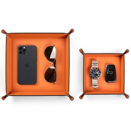 Vlando Valet Tray for Men Women, Nightstand Organizer Vanity Catchall Holder for Dresser Desk Storage Bedside, Travel PU Leather Jewelry Key Bowl Coin Watches and Candy Entryway Tray - Small Size