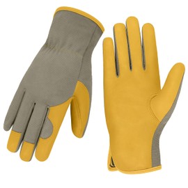 KKOYING Gardening Gloves, Garden Gloves for Women and Men, Thorn Proof Working Gloves, Durable Leather Work Garden Gloves for Yard & Outdoor Work, Golden, L