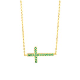 Gold on Sterling Silver Sideways Cross Green CZ Horizontal Pendant Necklace, One Size, Sterling Silver 18K Gold Cubic Zirconia, Cubic Zirconia