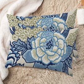 MangGou Blue and Beige Peony Floral Pillow Covers Colorful Chinoiserie Flower Decorative Cushion Cover Chinoiserie Asian Accent Pillow for Bedroom Sofa Couch 12x20in White Flax Set of 2