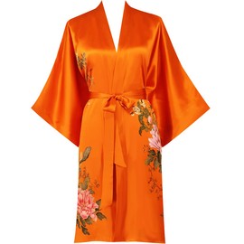 Kwedhonjh women's 100% silk kimono, short bathrobe pajamas, kimono pajamas (Peony flower dark orange)