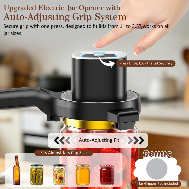 Electric Jar Opener for Seniors with Auto-Adjusting Gripper,Fit 1"-3.5" Cap