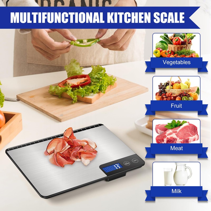 Digital Kitchen Scale, 33lb Capacity, Stainless Steel & Tempered Glass,