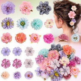 Leery 20 PCS Boho Flower Hair Clips for Women - Rose Hair Barrettes, Wedding Hairpins, Bridal Headpiece, Hawaiian Silk Floral Clips (Violet)