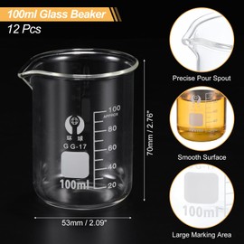 PATIKIL 100ml Low Foam Glass Beaker 12pcs 3.3 Borosilicate Glass Graduated Printed Scale Measuring Cups with Spout for Kitchen Lab Liquids