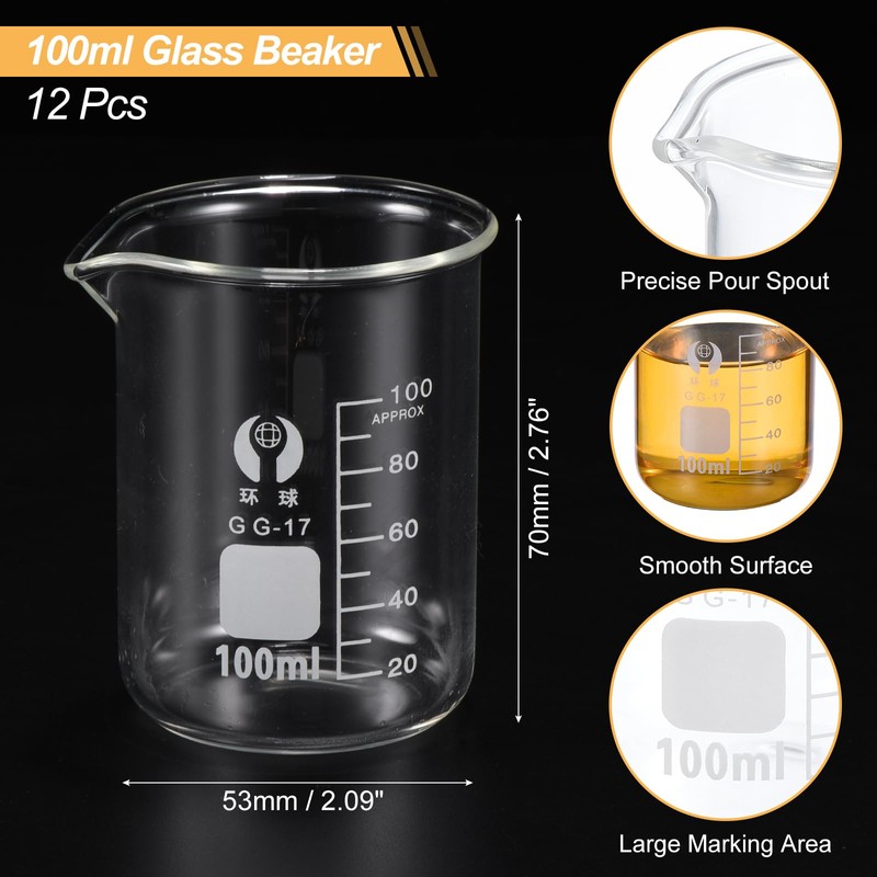 PATIKIL 100ml Low Foam Glass Beaker 12pcs 3.3 Borosilicate Glass