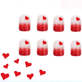 Short Glitter Press on Nails Square Sparkly Valentine's Day Fake Nails with Gradient Glitter Heart French False Nails Cute Press on Stick on Nails Valentine's Nails Tip Stick on Nail for Women 24Pcs