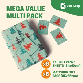 EcoWrap Christmas Wrapping Paper and Tags - Eco Friendly Premium Recyclable 84cm x 60cm Xmas Tree Gift Wrap in Plastic Free Packaging (8 Sheets & 8 Tags, Christmas Tree)