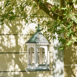 Glitzhome Large Capacity Hanging Bird Feeder,15.75" H Patina Metal Roof Solid Wood Gazebo Tray Bird Feeder for Outdoors Hanging,Supports Cardinals, Finch, Blue Jay,Sparrows and Outside Wild Birds